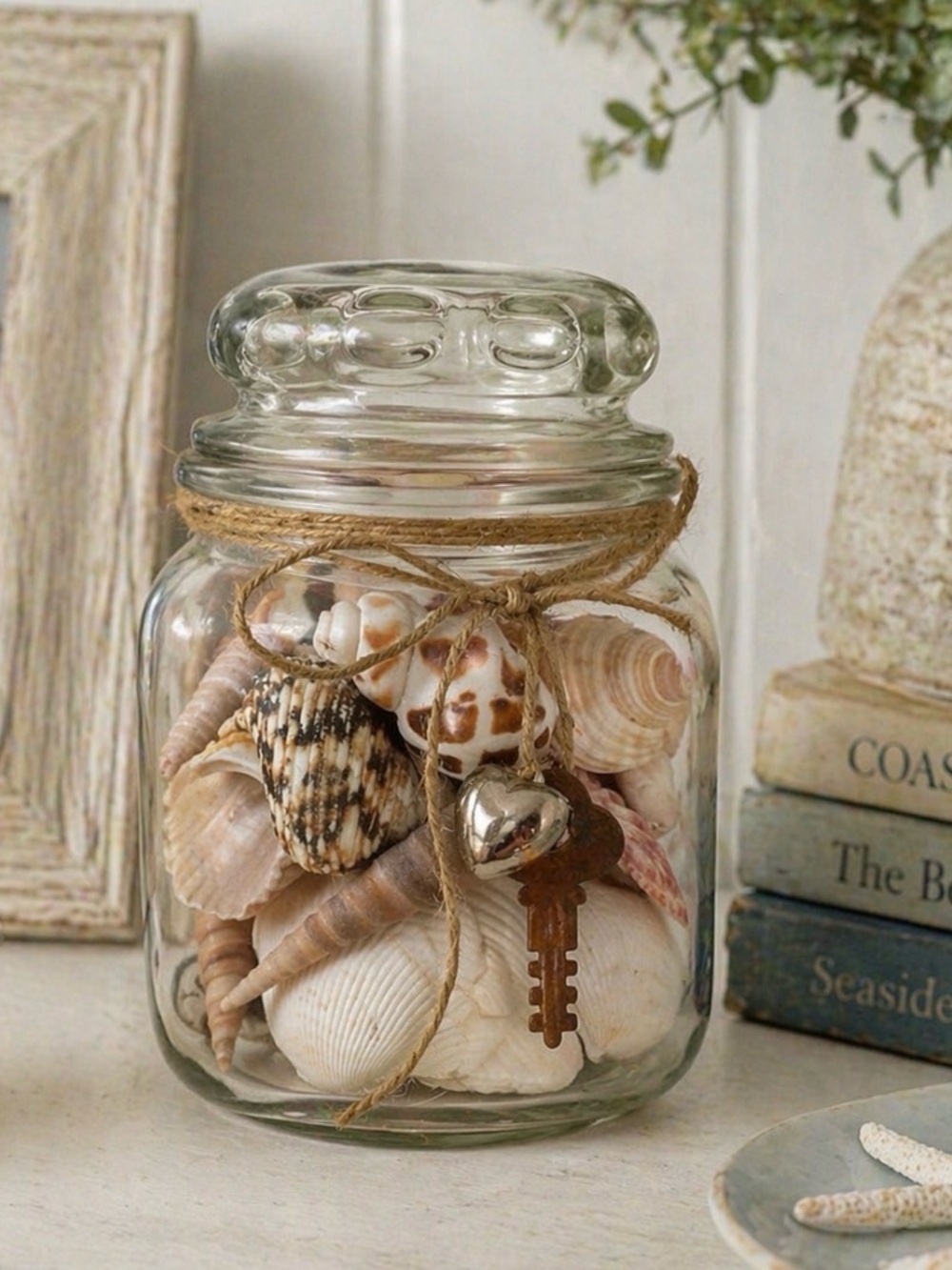 Beach Cottage Decor Seashells Jar Rusty Key Heart